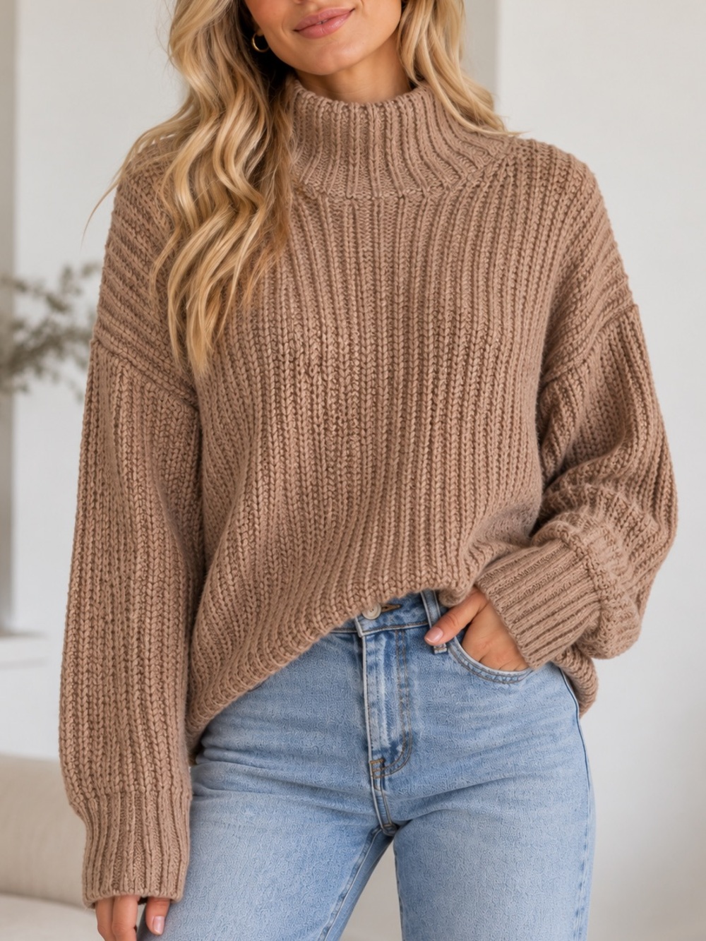 Anthropologie Taupe Chunky Knit Mock Neck Sweater Ribbed Cozy Neutral Pullover S